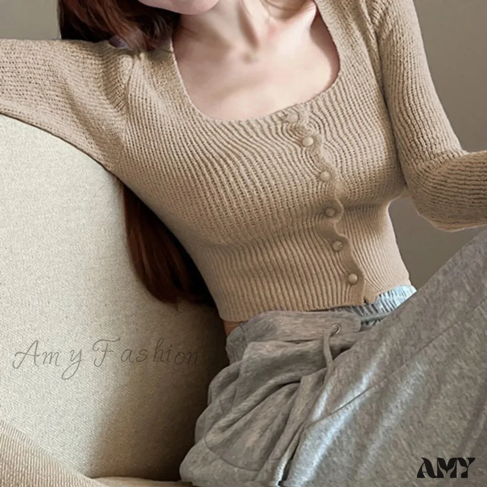 Sexy Summer Button Up Square Neck Long Sleeve Crop Sweater - Image 4