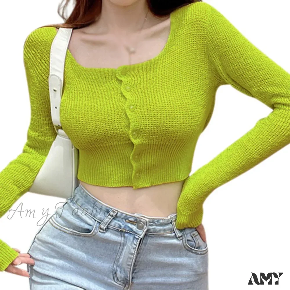 Sexy Summer Button Up Square Neck Long Sleeve Crop Sweater - Image 7