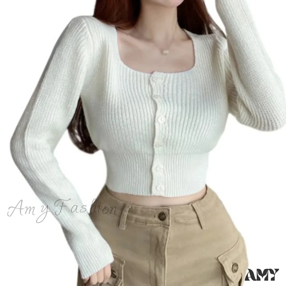 Sexy Summer Button Up Square Neck Long Sleeve Crop Sweater - Image 9