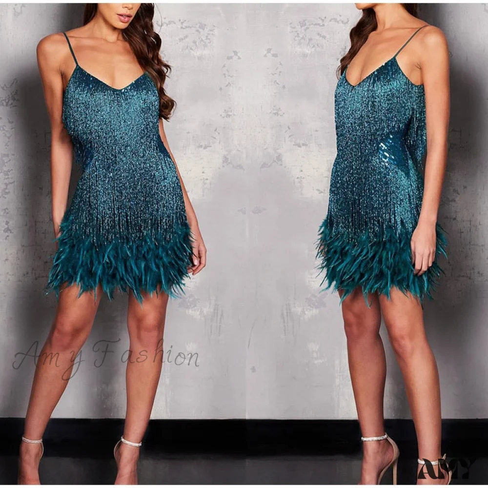 Amy Fashion - Sexy Tassel Sequins Feather Spaghetti Strap Stitching Dresses - Image 13