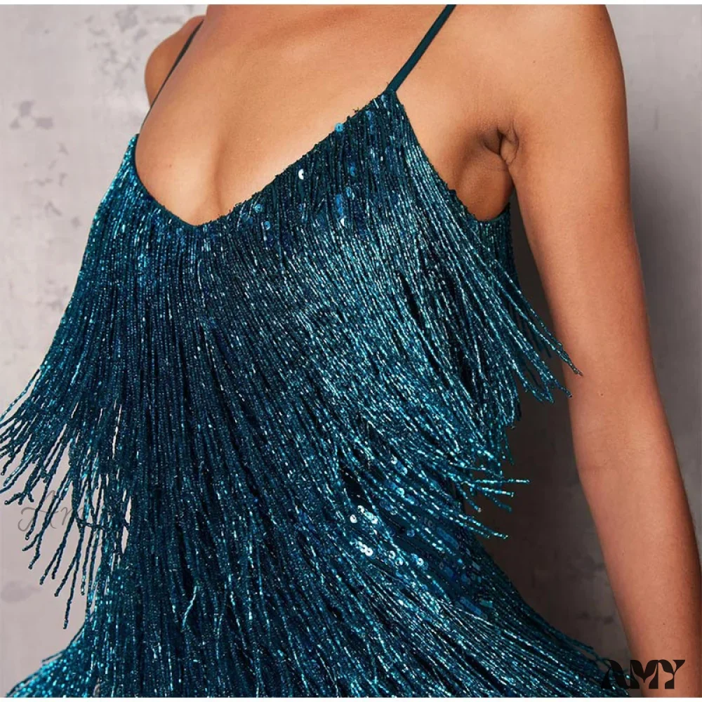 Amy Fashion - Sexy Tassel Sequins Feather Spaghetti Strap Stitching Dresses - Image 14