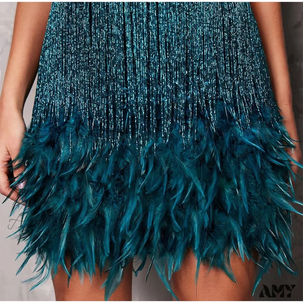 Amy Fashion - Sexy Tassel Sequins Feather Spaghetti Strap Stitching Dresses - Image 16