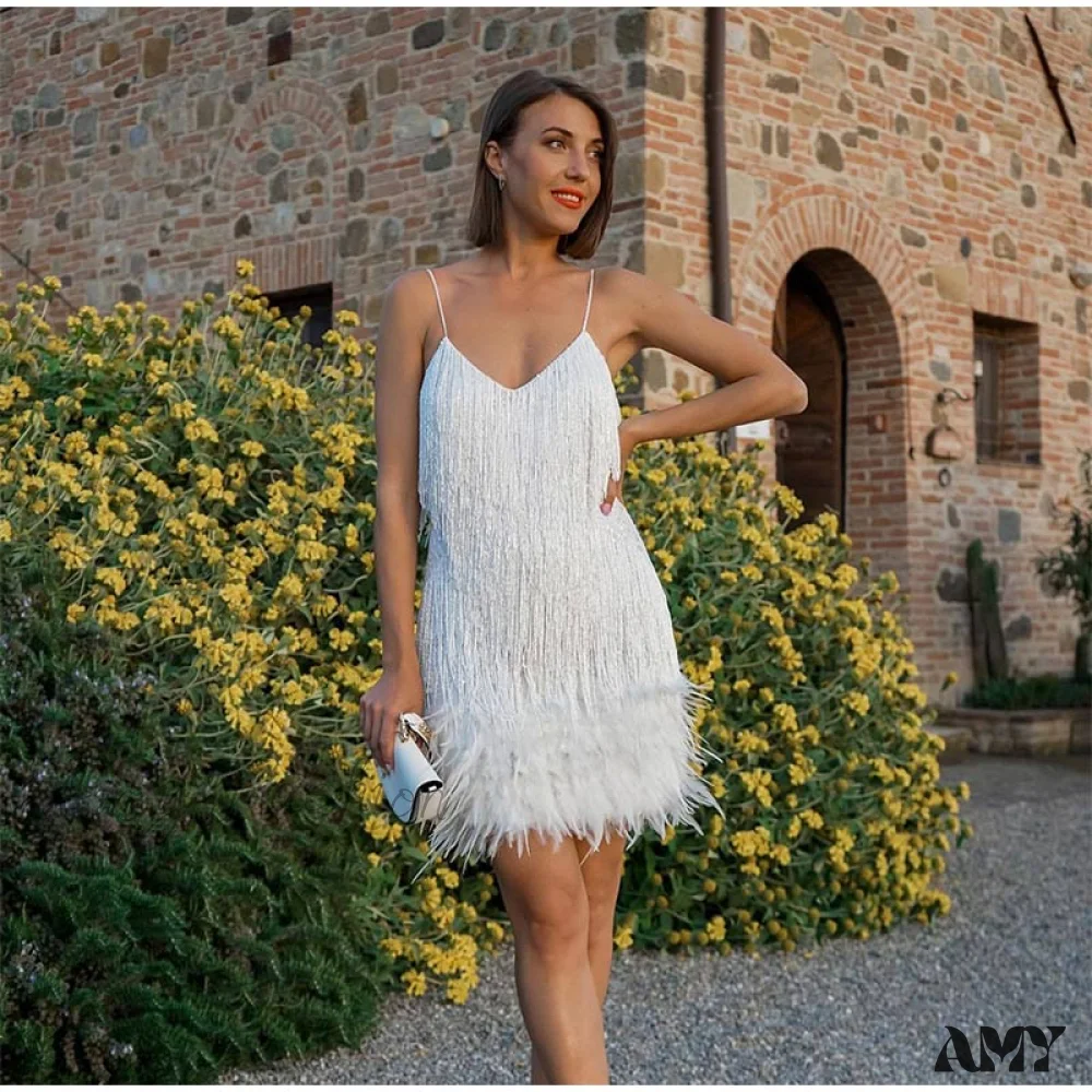 Amy Fashion - Sexy Tassel Sequins Feather Spaghetti Strap Stitching Dresses - Image 18