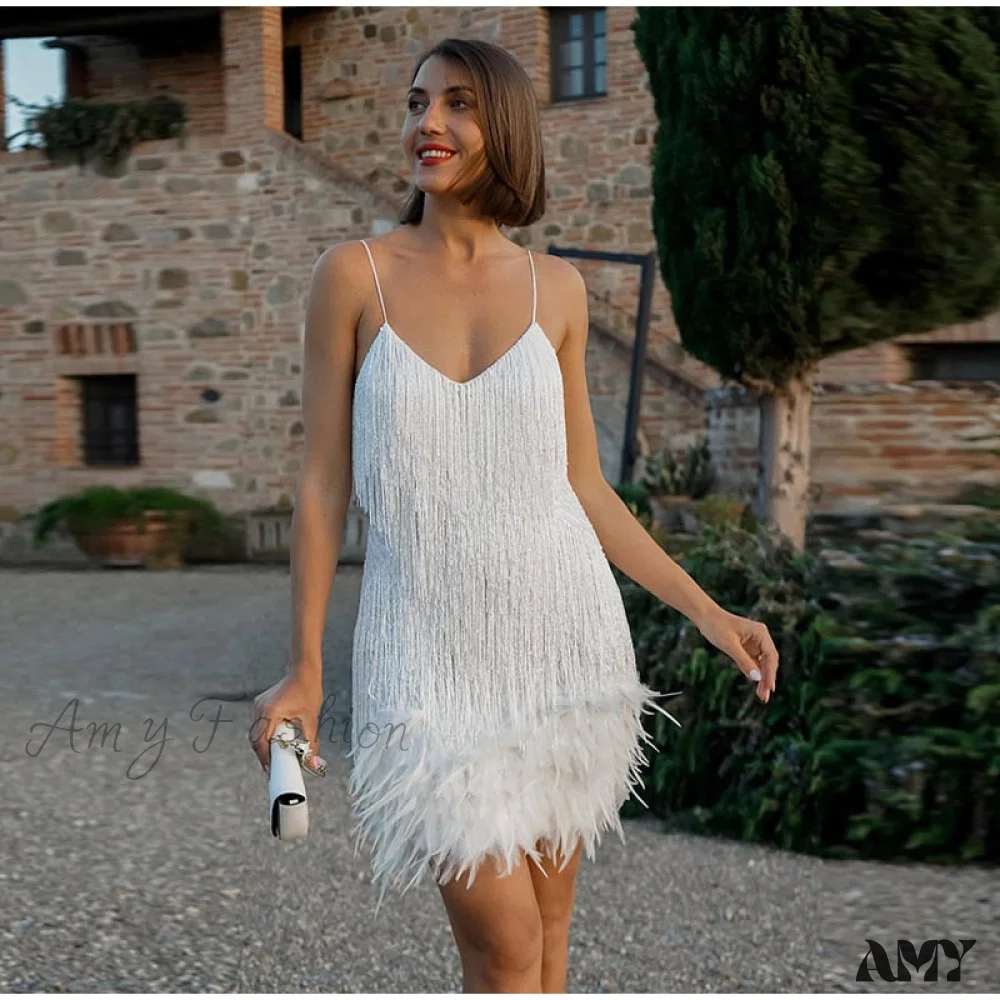Amy Fashion - Sexy Tassel Sequins Feather Spaghetti Strap Stitching Dresses - Image 19
