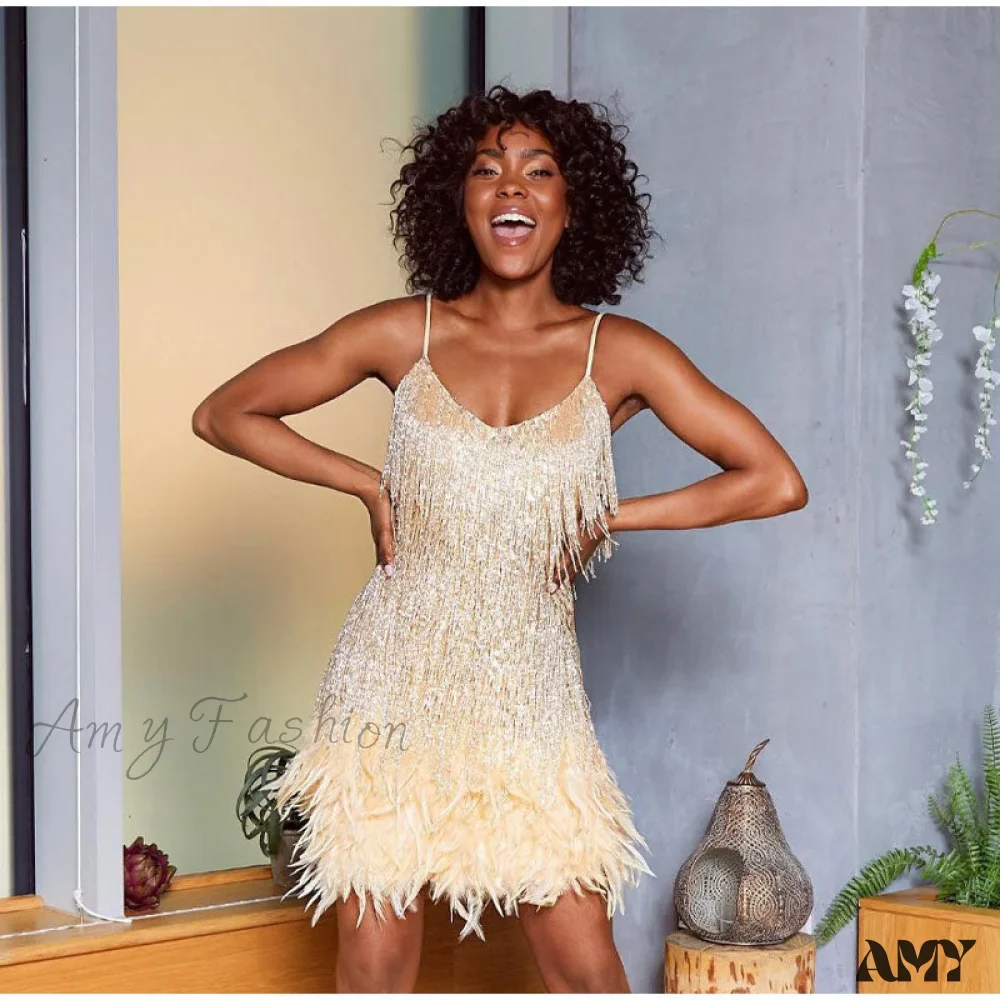 Amy Fashion - Sexy Tassel Sequins Feather Spaghetti Strap Stitching Dresses - Image 20