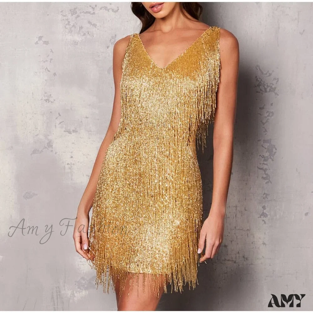 Amy Fashion - Sexy Tassel Sequins Feather Spaghetti Strap Stitching Dresses - Image 21