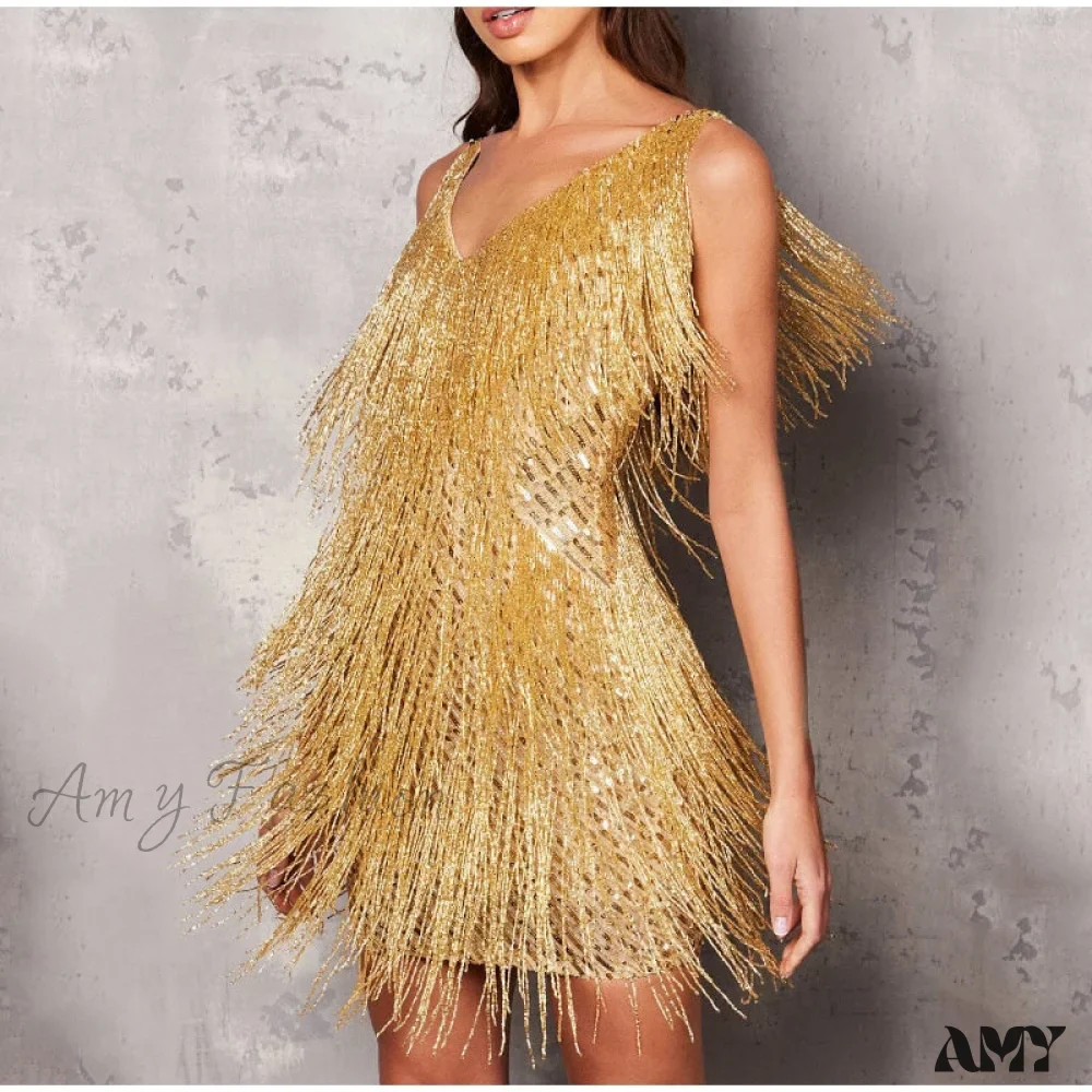 Amy Fashion - Sexy Tassel Sequins Feather Spaghetti Strap Stitching Dresses - Image 22
