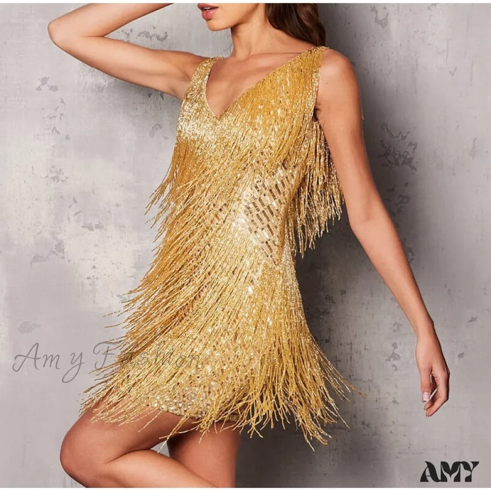 Amy Fashion - Sexy Tassel Sequins Feather Spaghetti Strap Stitching Dresses - Image 23