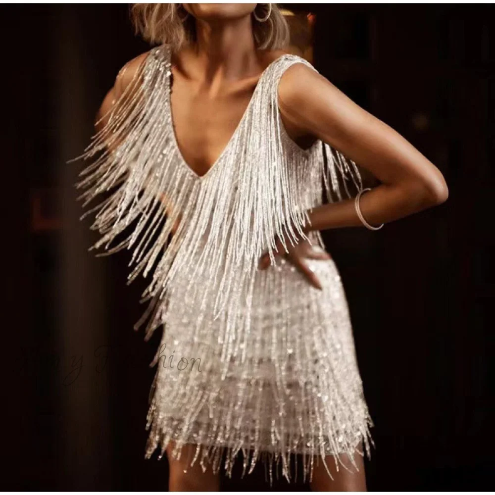 Amy Fashion - Sexy Tassel Sequins Feather Spaghetti Strap Stitching Dresses - Image 25