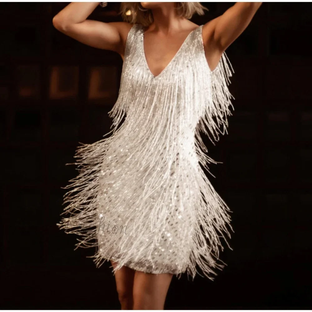 Amy Fashion - Sexy Tassel Sequins Feather Spaghetti Strap Stitching Dresses - Image 26
