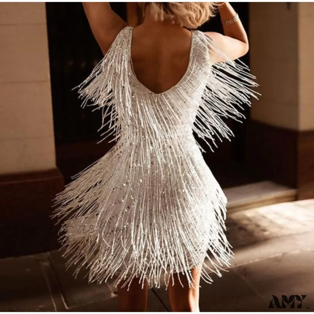 Amy Fashion - Sexy Tassel Sequins Feather Spaghetti Strap Stitching Dresses - Image 27