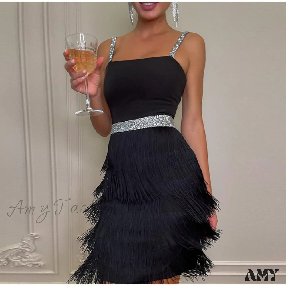 Amy Fashion - Sexy Tassel Sequins Feather Spaghetti Strap Stitching Dresses - Image 28