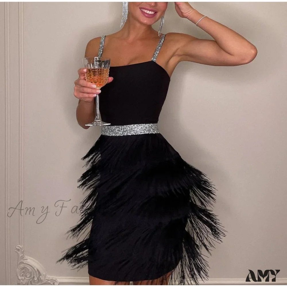 Amy Fashion - Sexy Tassel Sequins Feather Spaghetti Strap Stitching Dresses - Image 29
