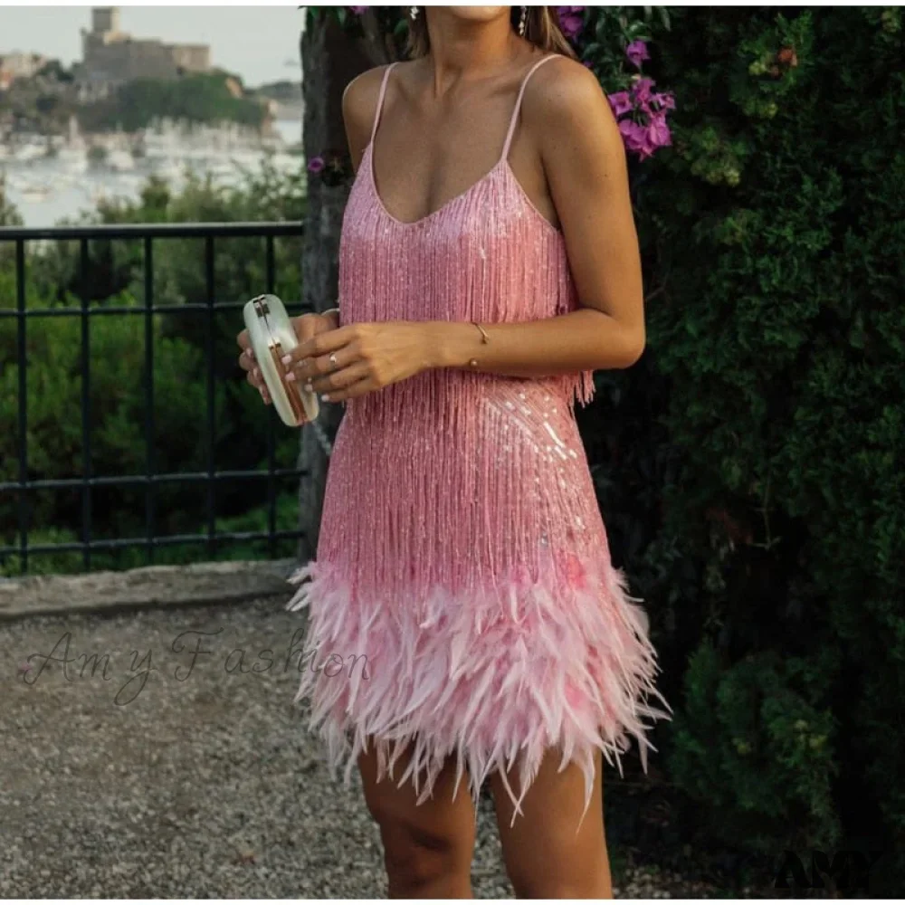 Amy Fashion - Sexy Tassel Sequins Feather Spaghetti Strap Stitching Dresses - Image 3