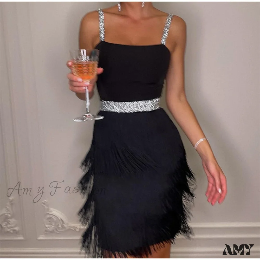 Amy Fashion - Sexy Tassel Sequins Feather Spaghetti Strap Stitching Dresses - Image 30