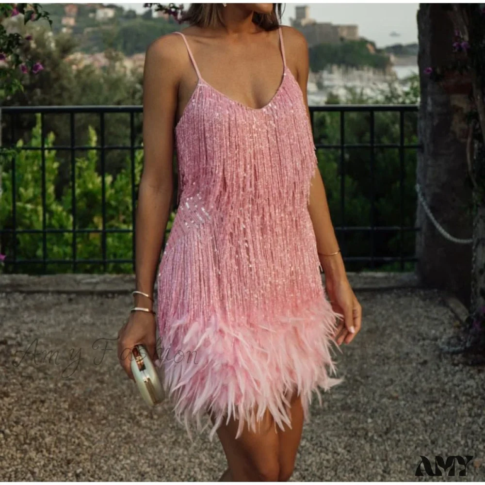 Amy Fashion - Sexy Tassel Sequins Feather Spaghetti Strap Stitching Dresses - Image 4
