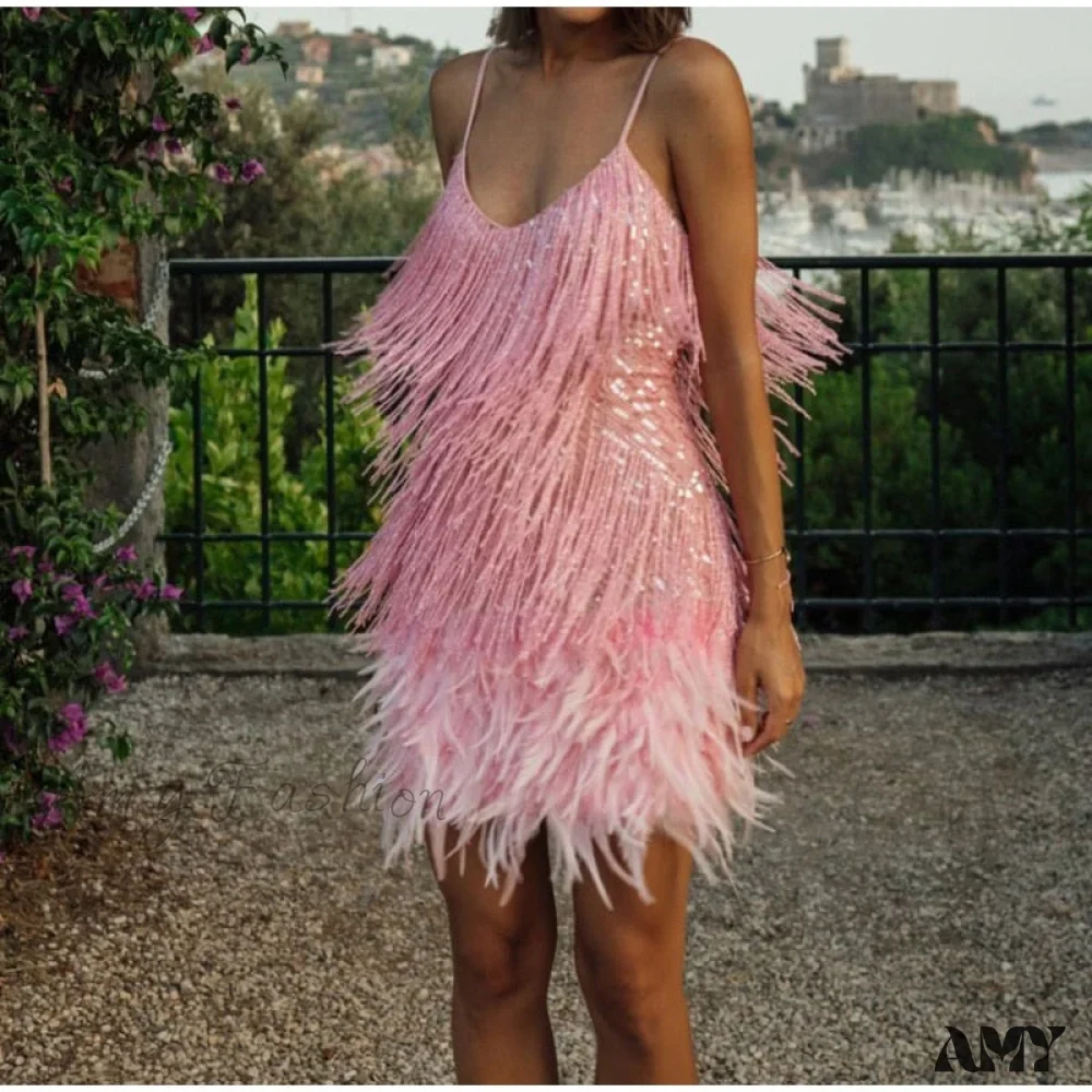 Amy Fashion - Sexy Tassel Sequins Feather Spaghetti Strap Stitching Dresses - Image 5
