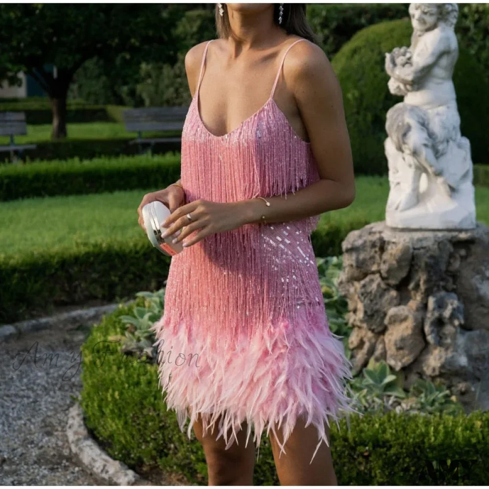 Amy Fashion - Sexy Tassel Sequins Feather Spaghetti Strap Stitching Dresses - Image 6