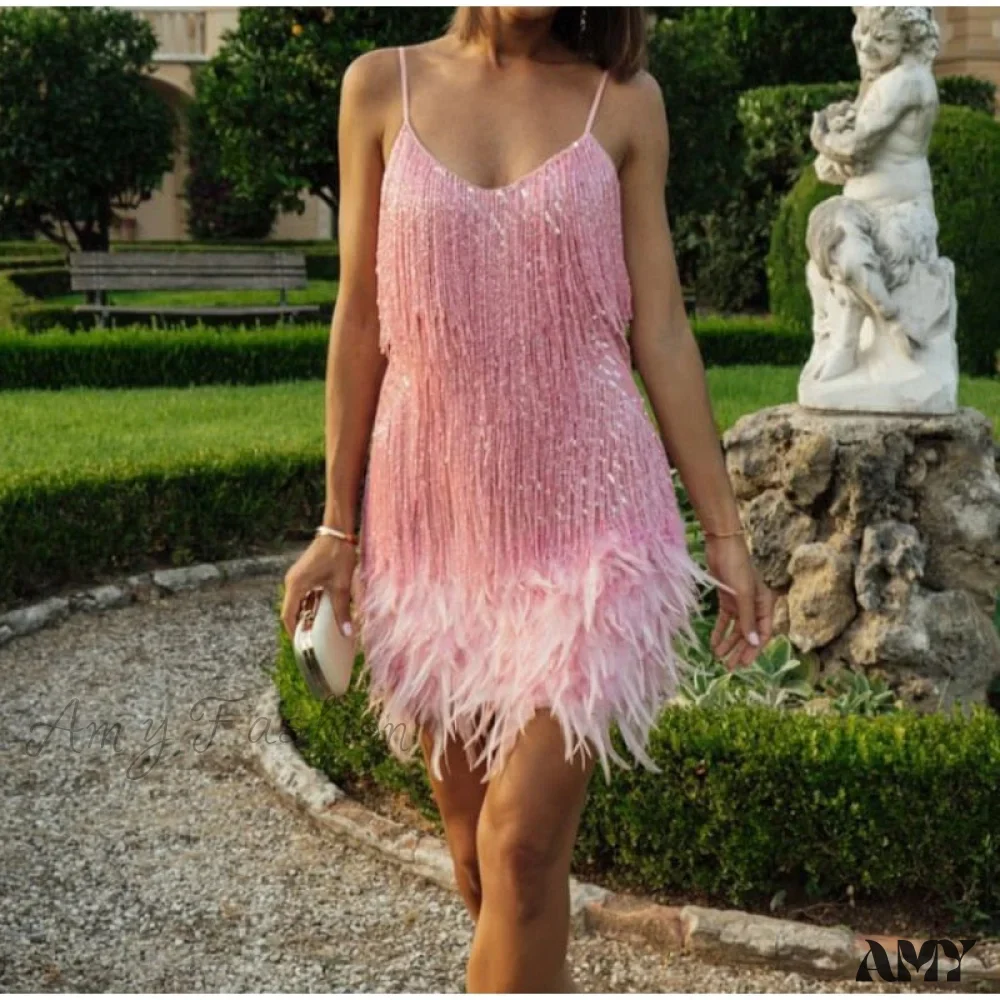 Amy Fashion - Sexy Tassel Sequins Feather Spaghetti Strap Stitching Dresses - Image 7