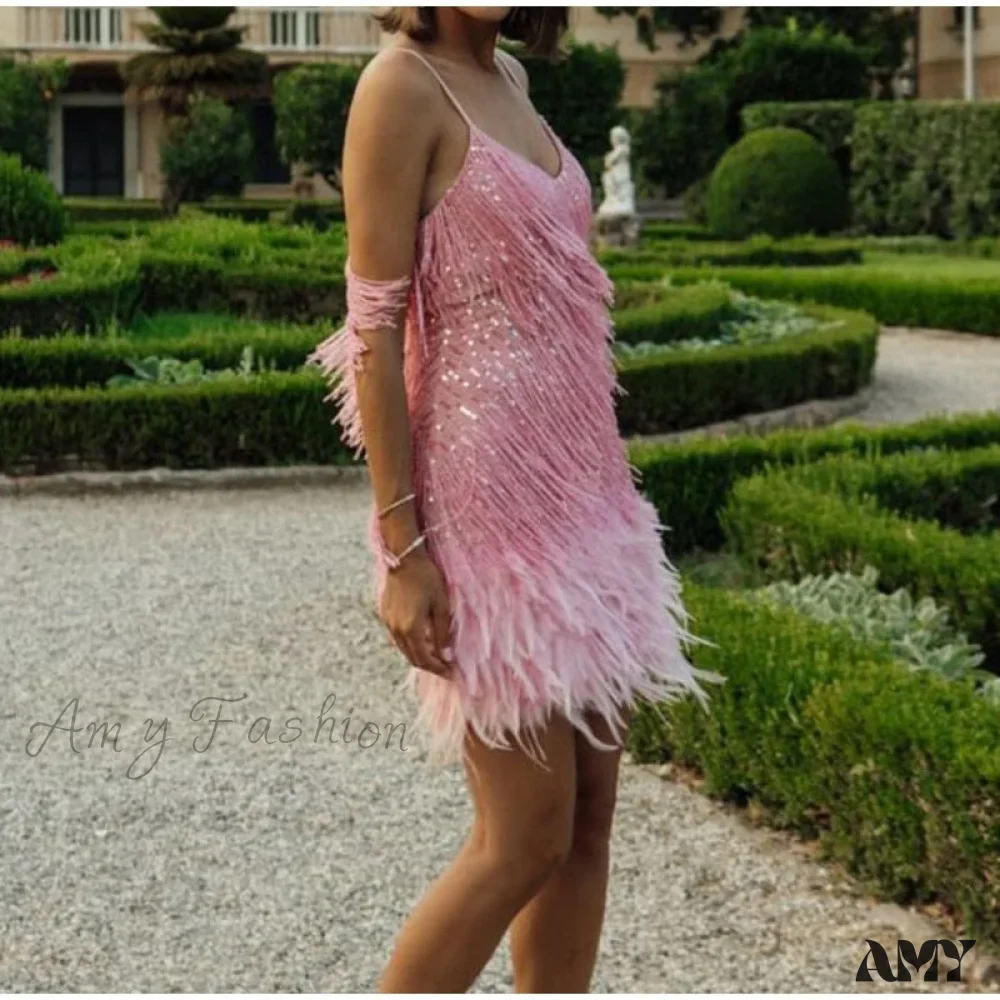 Amy Fashion - Sexy Tassel Sequins Feather Spaghetti Strap Stitching Dresses - Image 8