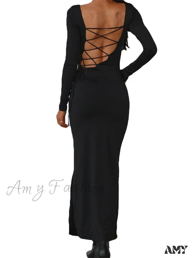 Amy Fashion - Sexy Women Backless Hollow Out Criss-cross Tie-up   Sleeve Black Solid Slim Fit Party  Vestidos - Image 2