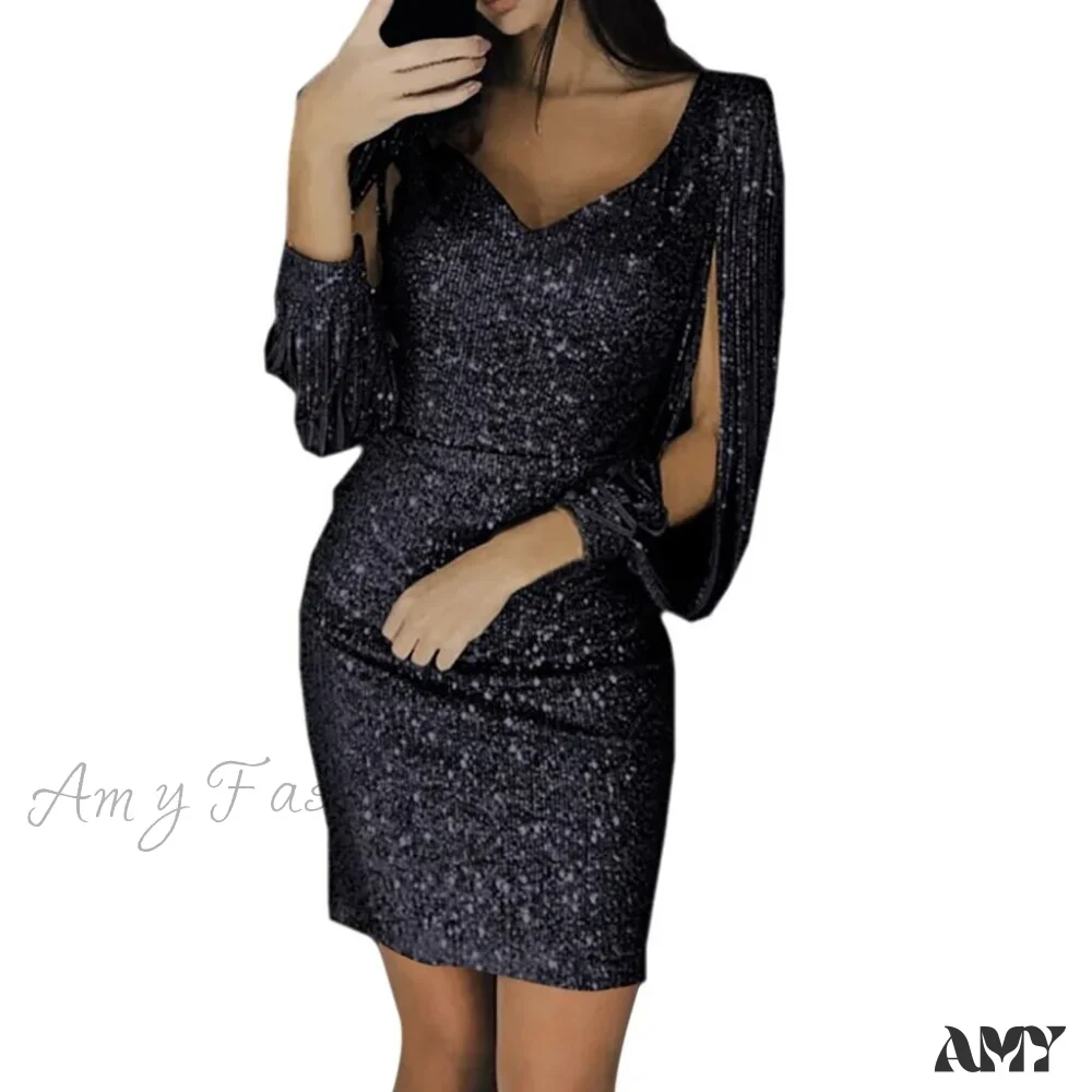 Amy Fashion - Sequins Glitter Sparkle Deep V-Neck Gold Tassel Dress - Image 11