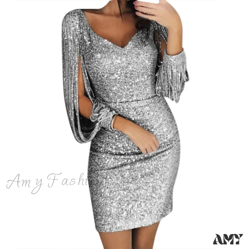 Amy Fashion - Sequins Glitter Sparkle Deep V-Neck Gold Tassel Dress - Image 5
