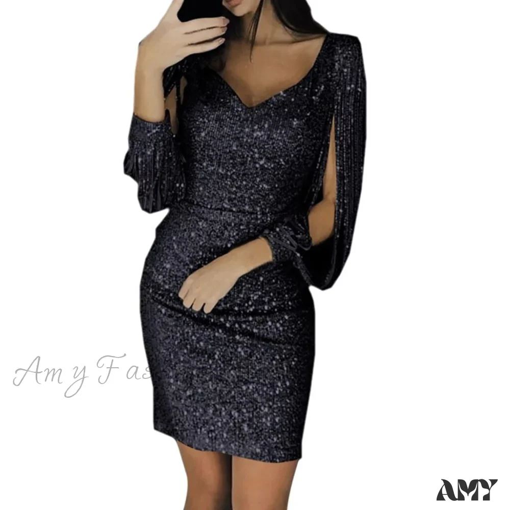 Amy Fashion - Sequins Glitter Sparkle Deep V-Neck Gold Tassel Dress - Image 6