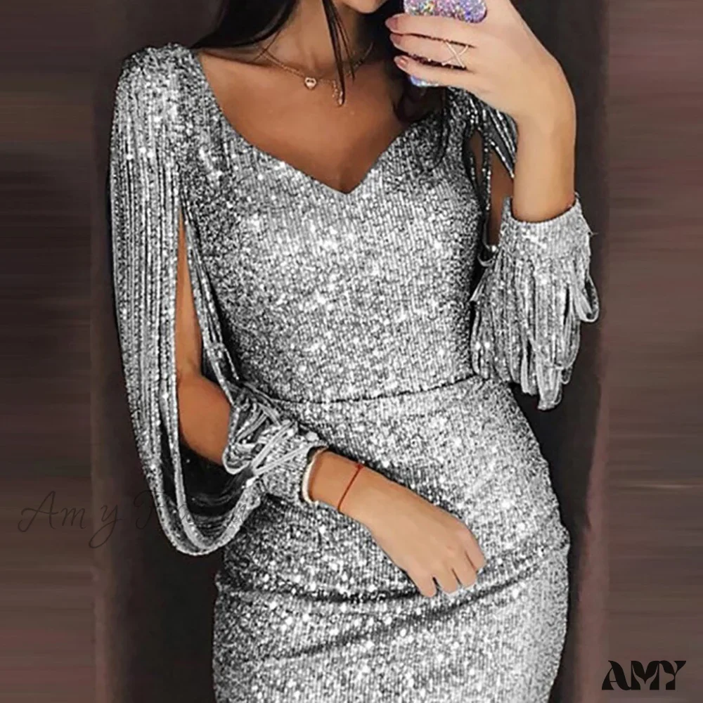 Amy Fashion - Sequins Glitter Sparkle Deep V-Neck Gold Tassel Dress - Image 8