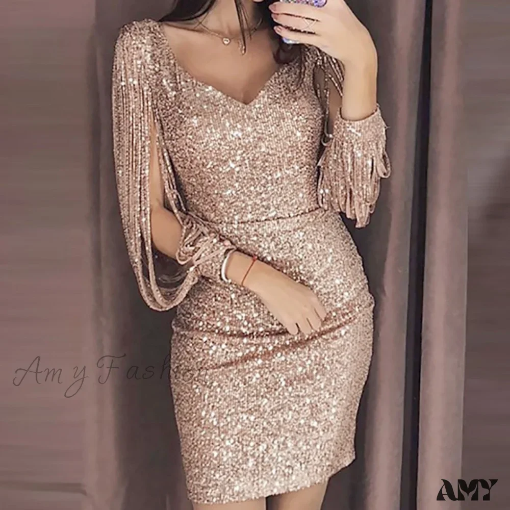 Amy Fashion - Sequins Glitter Sparkle Deep V-Neck Gold Tassel Dress - Image 9