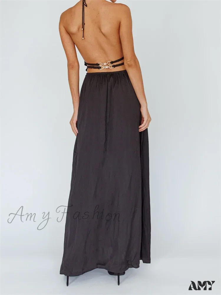 Amy Fashion - Sexy Women Halter Tie-up  Sleeveless Backless Solid Color Cocktail Formal Party Ruched Vestidos - Image 2