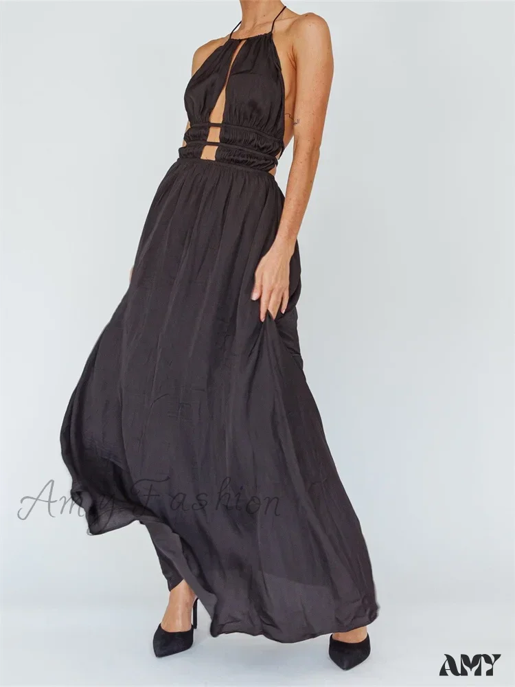 Amy Fashion - Sexy Women Halter Tie-up  Sleeveless Backless Solid Color Cocktail Formal Party Ruched Vestidos - Image 3