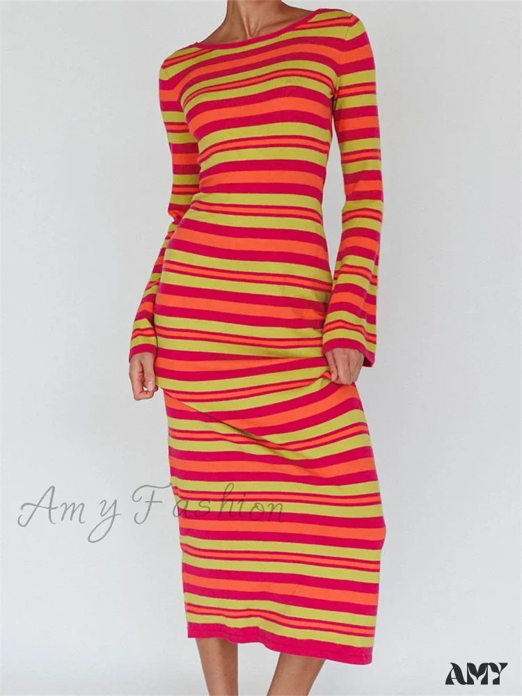 Amy Fashion - Sexy Women Knitted   Sleeve Crew Neck Backless Tie-up Striped Print Slim Fit Spring Fall Vestidos - Image 8