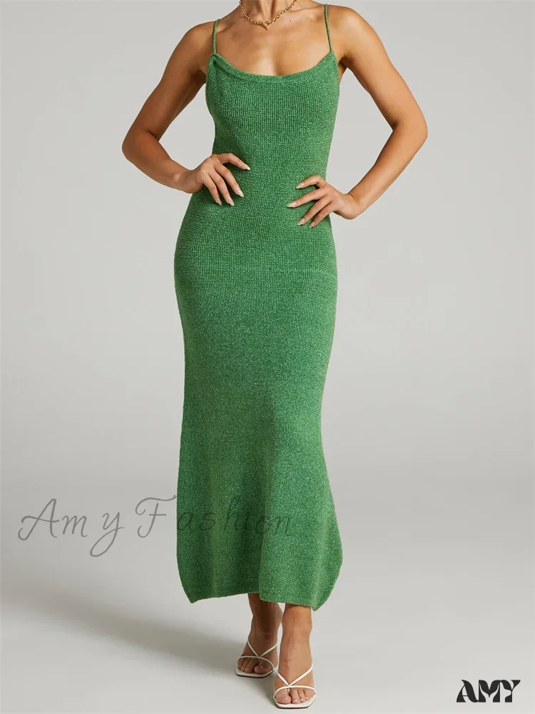 Amy Fashion - Sexy Women Knitted Summer  Solid Color Sleeveless Spaghetti Strap Low Cut O-neck Backless  Vestidos - Image 10