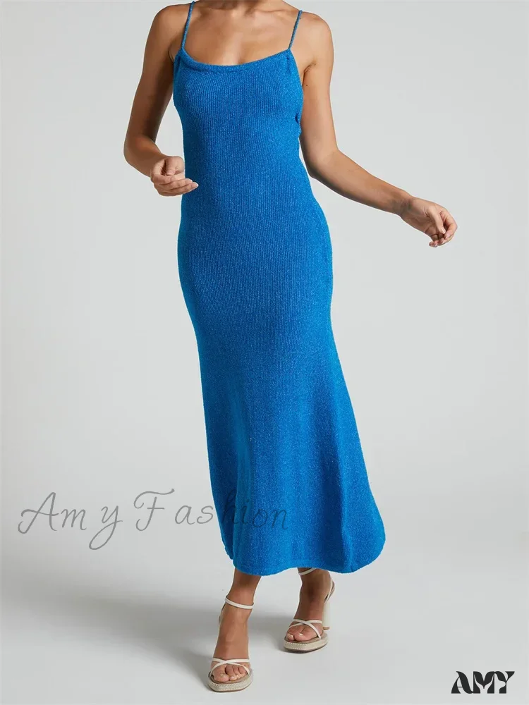 Amy Fashion - Sexy Women Knitted Summer  Solid Color Sleeveless Spaghetti Strap Low Cut O-neck Backless  Vestidos - Image 3