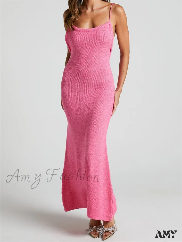 Amy Fashion - Sexy Women Knitted Summer  Solid Color Sleeveless Spaghetti Strap Low Cut O-neck Backless  Vestidos - Image 4