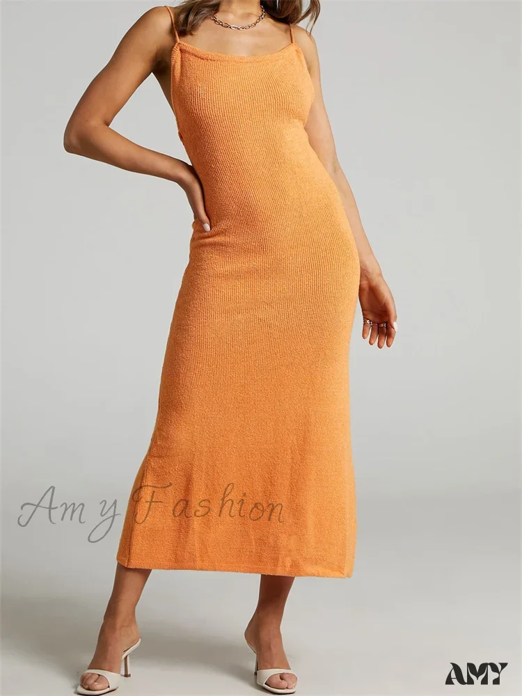 Amy Fashion - Sexy Women Knitted Summer  Solid Color Sleeveless Spaghetti Strap Low Cut O-neck Backless  Vestidos - Image 5