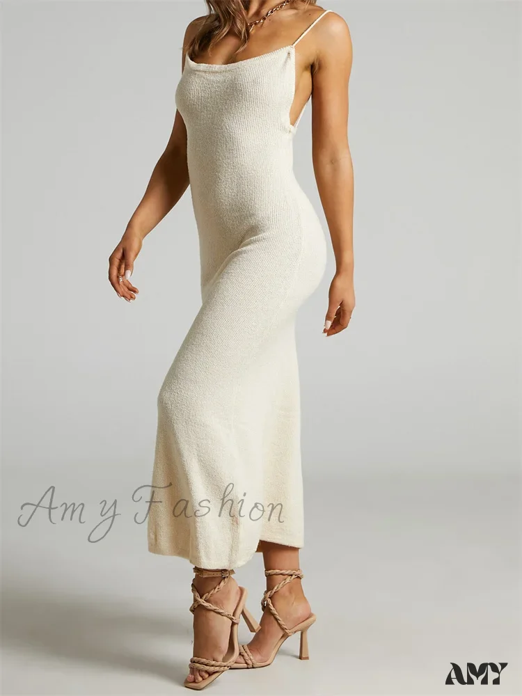 Amy Fashion - Sexy Women Knitted Summer  Solid Color Sleeveless Spaghetti Strap Low Cut O-neck Backless  Vestidos - Image 6