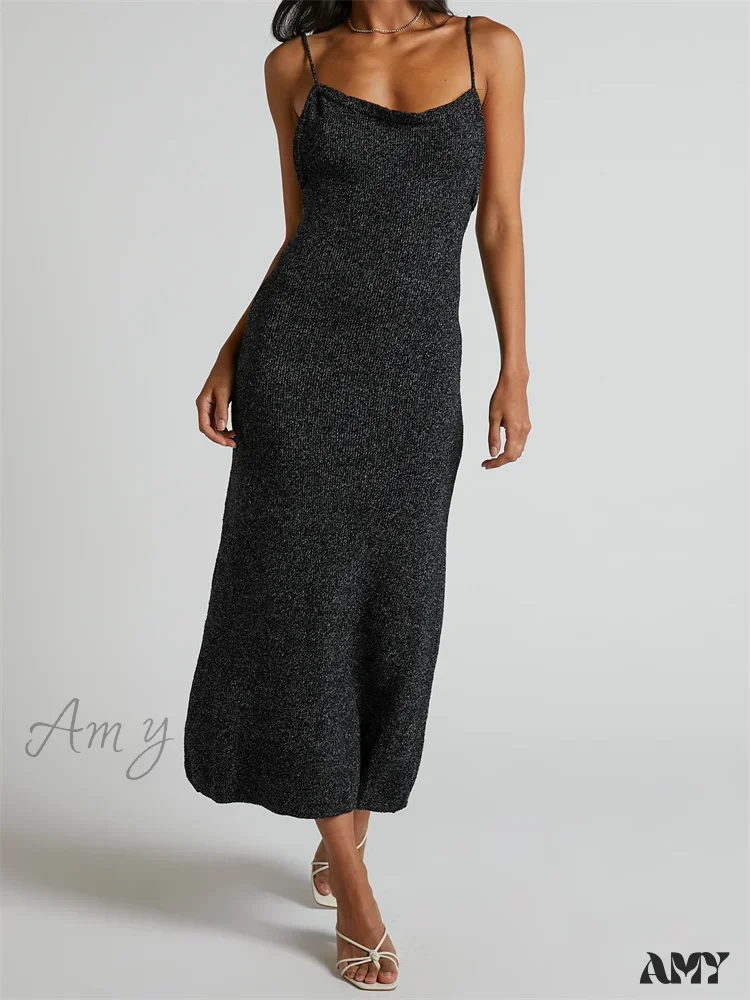 Amy Fashion - Sexy Women Knitted Summer  Solid Color Sleeveless Spaghetti Strap Low Cut O-neck Backless  Vestidos - Image 8