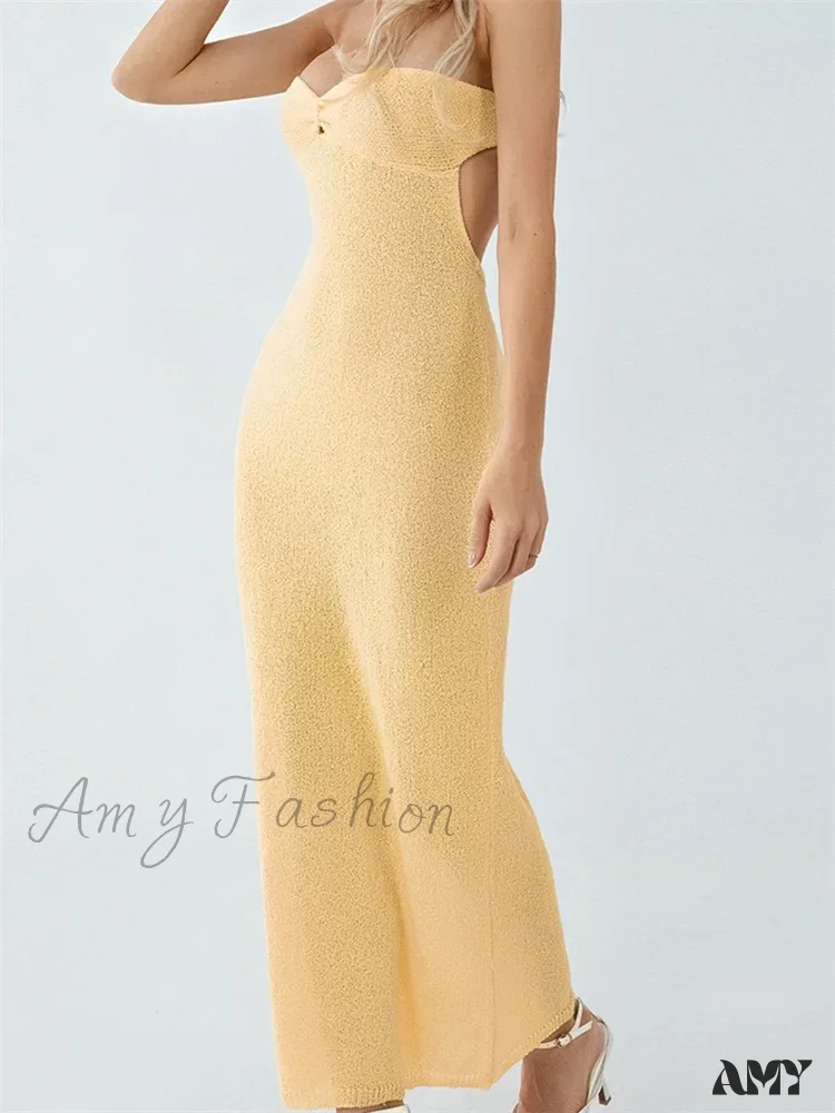 Amy Fashion - Sexy Women Knitted Tube  Strapless Off Shoulder Solid Summer  Tie-up Backless Beach Female Vestidos - Image 2