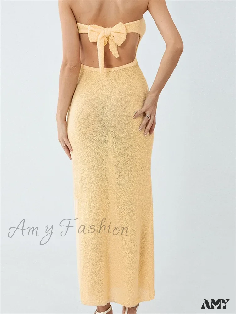 Amy Fashion - Sexy Women Knitted Tube  Strapless Off Shoulder Solid Summer  Tie-up Backless Beach Female Vestidos - Image 4
