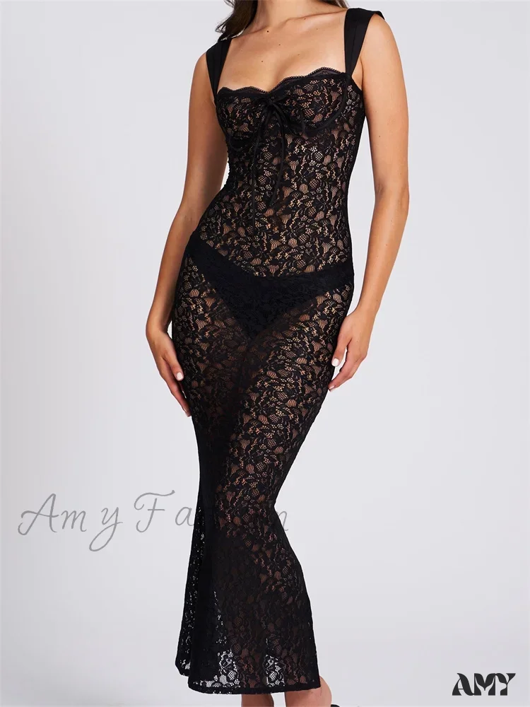 Amy Fashion - Sexy Women Lace Floral  Sling Mesh See-Through Sleeveless Strap Low Cut Summer Backless Party Vestido