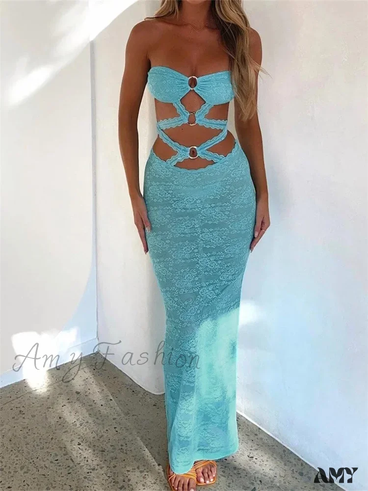 Amy Fashion - Sexy Women Lace Hollow-Out Strapless Off Shoulder Tube Summer Backless Fashion Party Female Vestidos