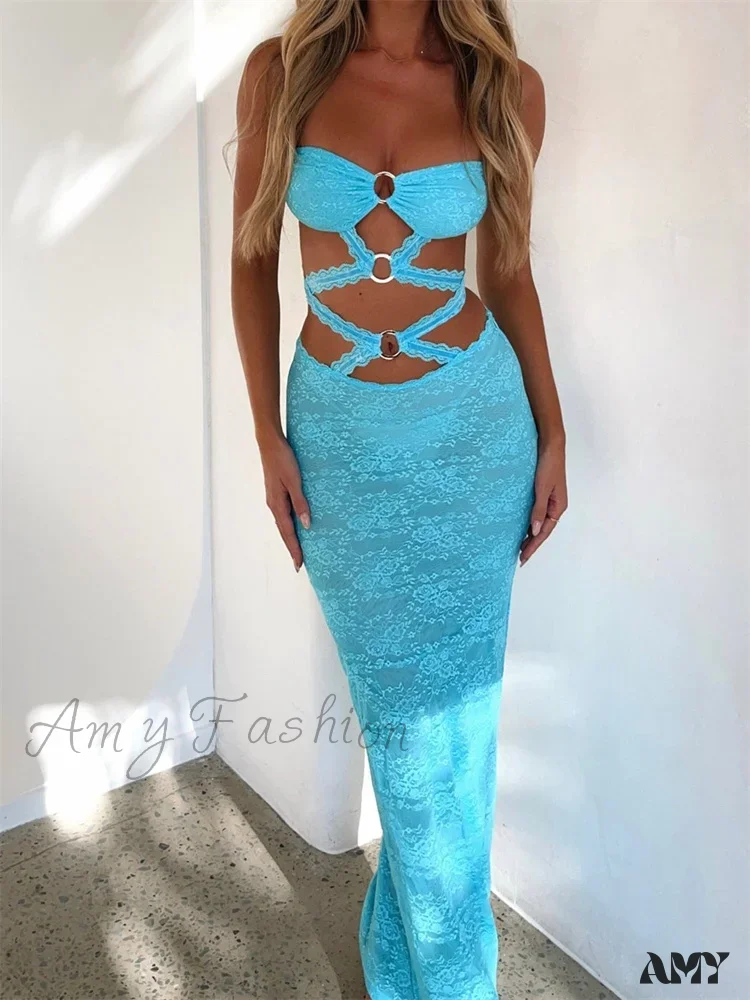 Amy Fashion - Sexy Women Lace Hollow-Out Strapless Off Shoulder Tube Summer Backless Fashion Party Female Vestidos - Image 2
