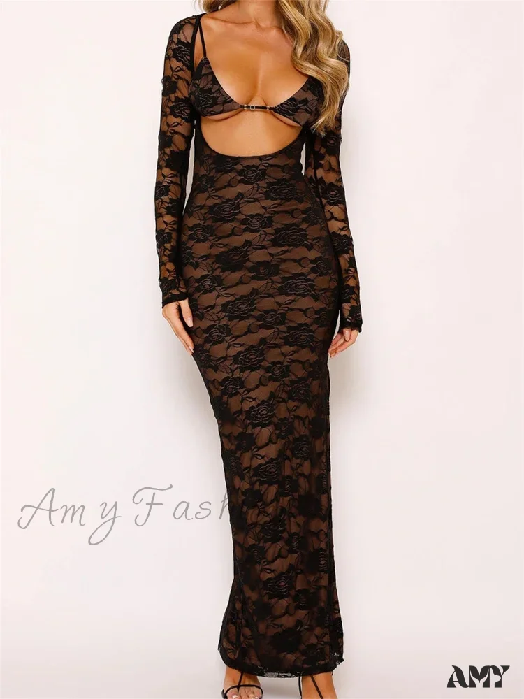 Amy Fashion - Sexy Women Lace   Sleeve Low Cut Deep V-neck Party Club with Bra Summer High Split Vestidos