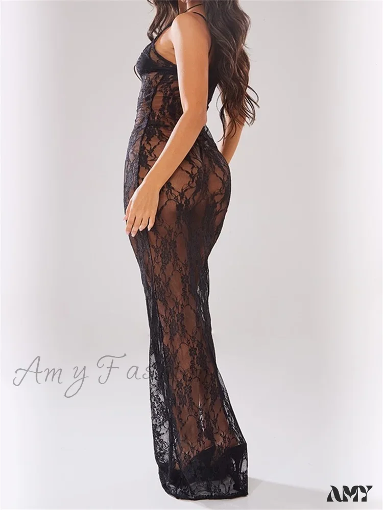 Amy Fashion - Sexy Women Mesh See-Through Lace Floral  Sleeveless Strap Beach Party Summer Black  Female Vestidos - Image 2