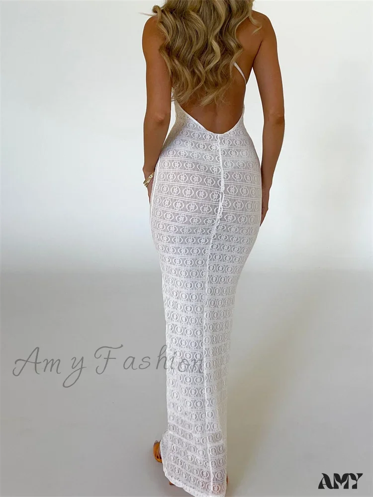 Amy Fashion - Sexy Women Mesh Sheer See Through Lace Patchwork  Backless Deep V-neck Slim Fit Party Beachwear - Image 3