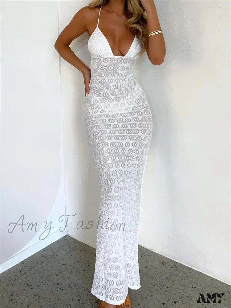 Amy Fashion - Sexy Women Mesh Sheer See Through Lace Patchwork  Backless Deep V-neck Slim Fit Party Beachwear - Image 4