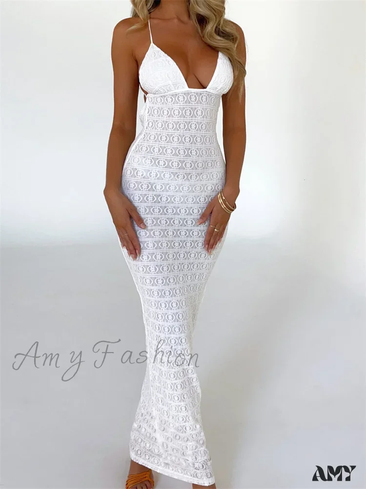 Amy Fashion - Sexy Women Mesh Sheer See Through Lace Patchwork  Backless Deep V-neck Slim Fit Party Beachwear - Image 5