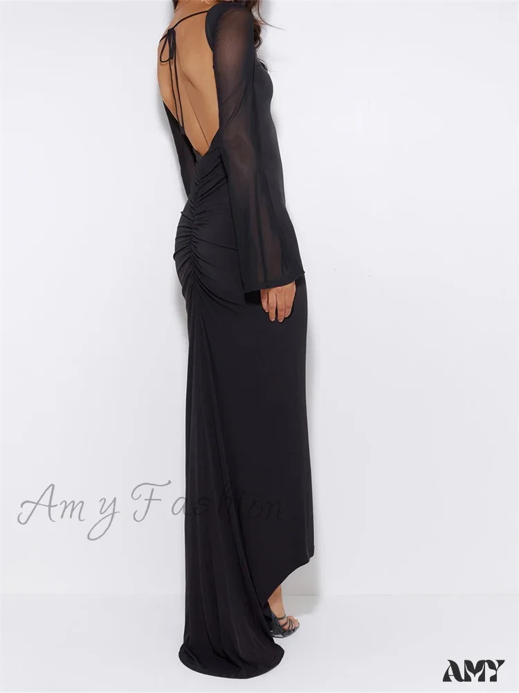 Amy Fashion - Sexy Women  Mesh  Sleeve Backless Ruched Lace-up Solid Color Party Female Irregular Hem Vestidos - Image 2